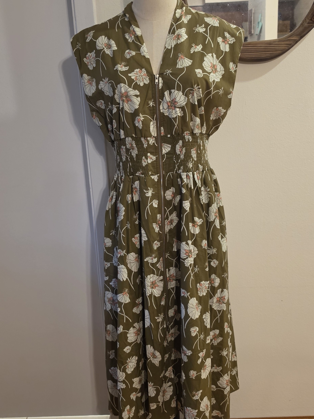 She + Sky Olive Green Floral Midi Dress with White & Coral Accents